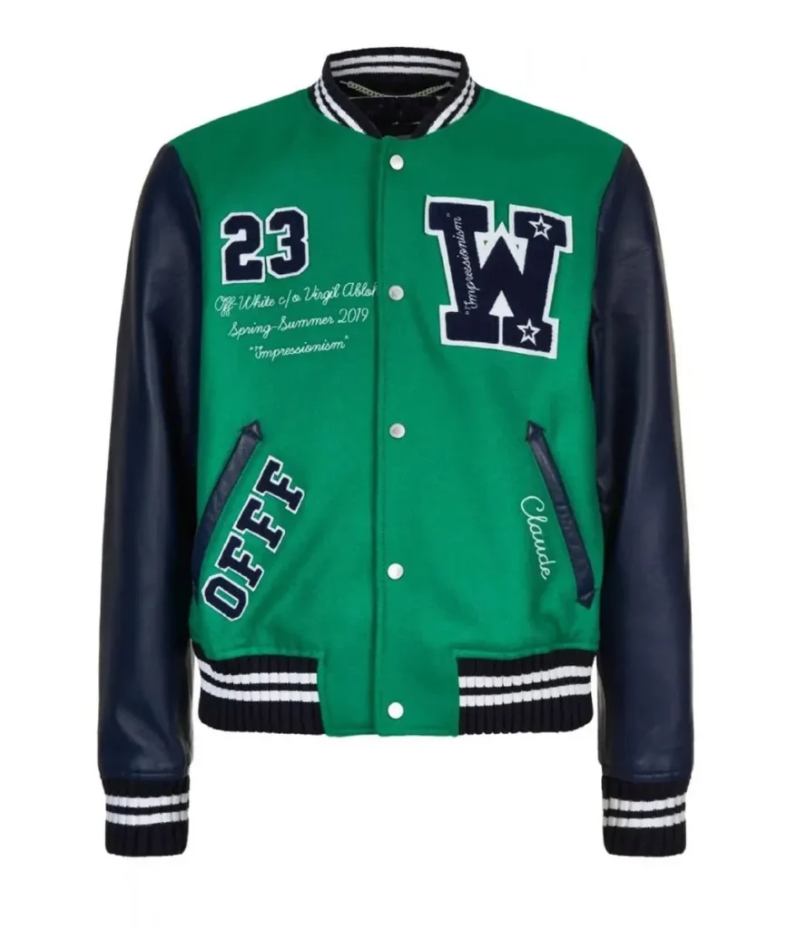 Off-White Eagle Logo W23 Green and Blue Varsity Jacket