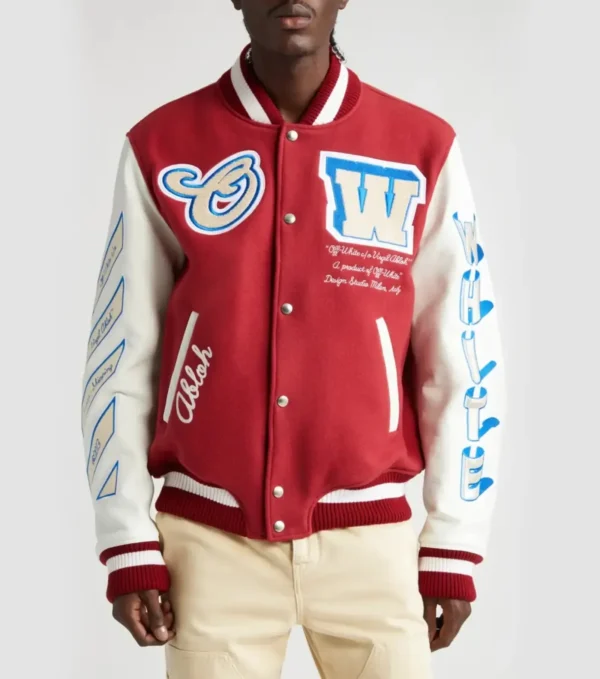 Off-White Red and White Varsity Jacket
