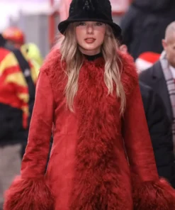 Taylor Swift Red Suede Leather Fur Coat