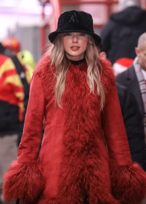 Taylor Swift Red Suede Leather Fur Coat