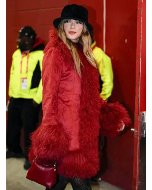 Taylor Swift Red Suede Leather Fur Coat