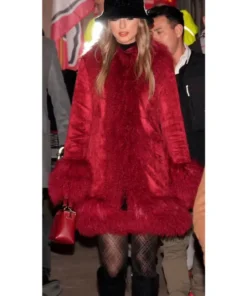 Taylor Swift Red Suede Leather Fur Coat
