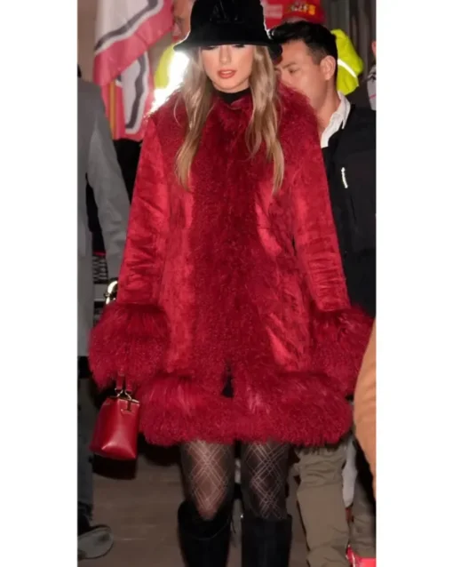 Taylor Swift Red Suede Leather Fur Coat