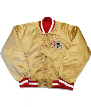 Vintage Forty Niners Starter Jacket a football helmet on it